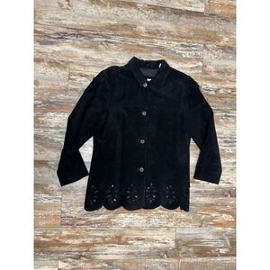 Women's Lord & Taylor Black Suede Leather Button Up Jacket Size Large Vintage